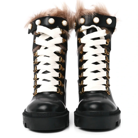 Gucci Trip Black Lace Up Heel Combat Boots with Fur Trim & Pearl Details Size 5 - Picture 4 of 11